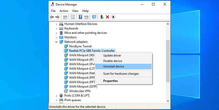 Device Manager shows how to uninstall network device