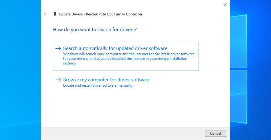 Windows 10 shows how to search automatically for updated network driver software