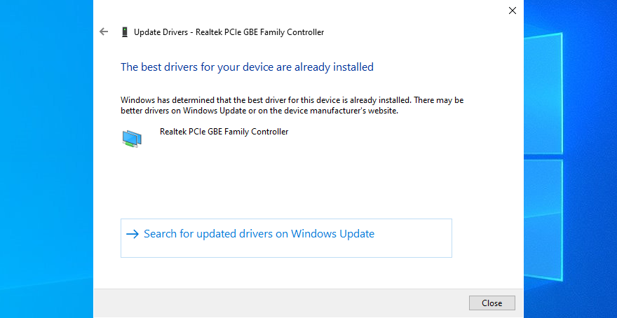 Windows 10 shows The best drivers for your network device are already installed message