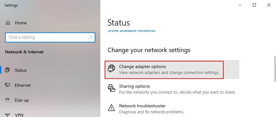 Windows 10 shows how to change adapter options