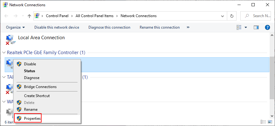 Windows shows how to access an Internet connection's properties