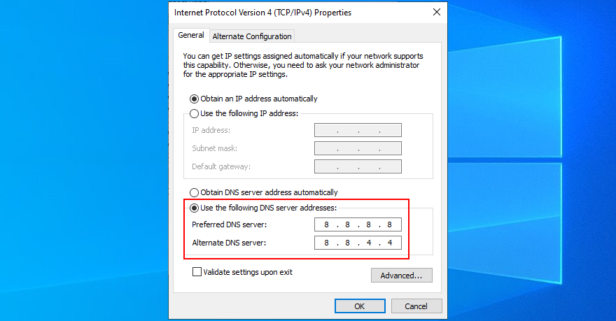 Windows 10 shows how to set Google Public DNS servers