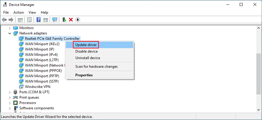 Device Manager shows how to update network driver