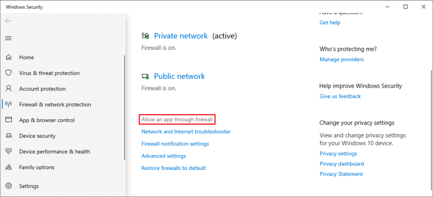 Windows 10 shows how to allow an app through the firewall