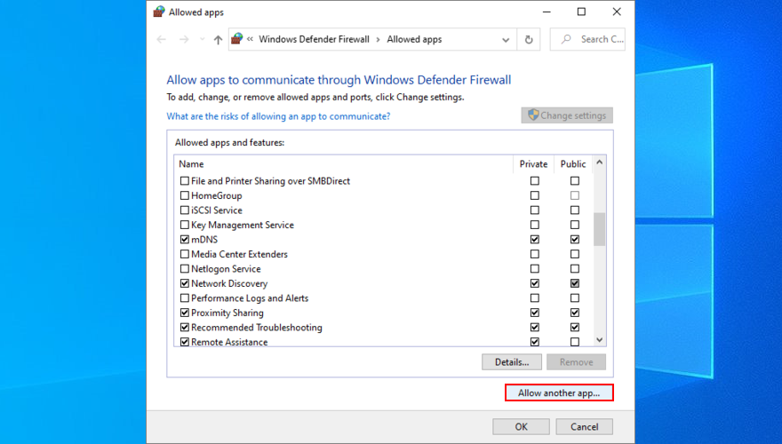 Windows 10 shows how to allow another app through the firewall