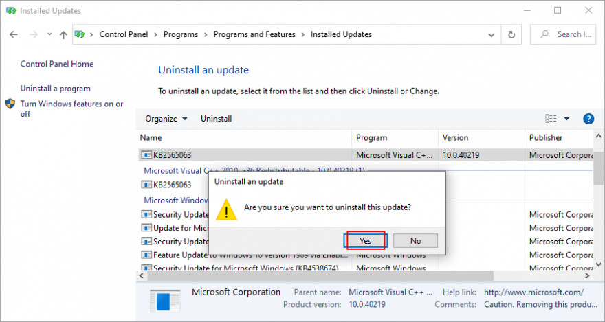 Windows 10 shows how to confirm Windows updates removal