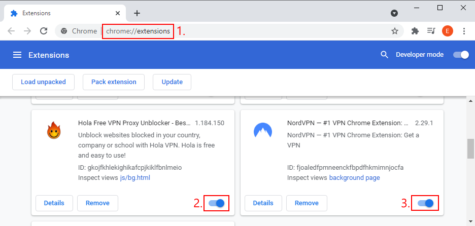 Google Chrome показывает, как отключить расширения VPN и прокси