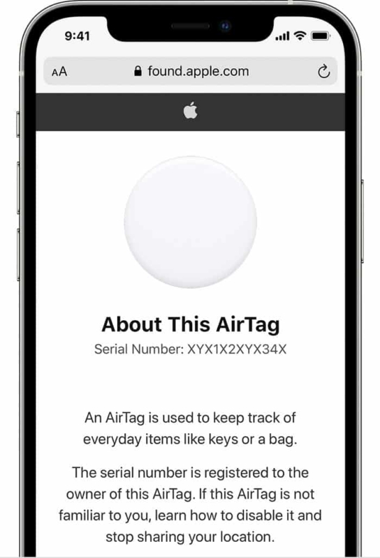 Веб-сайт Apple Found, показывающий серийный номер AirTag