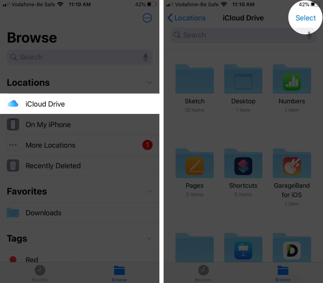 Нажмите на iCloud Drive, а затем нажмите на Выберите