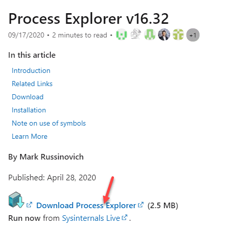 Официальная ссылка Microsoft для Process Explorer Загрузить Prorcess Explorer