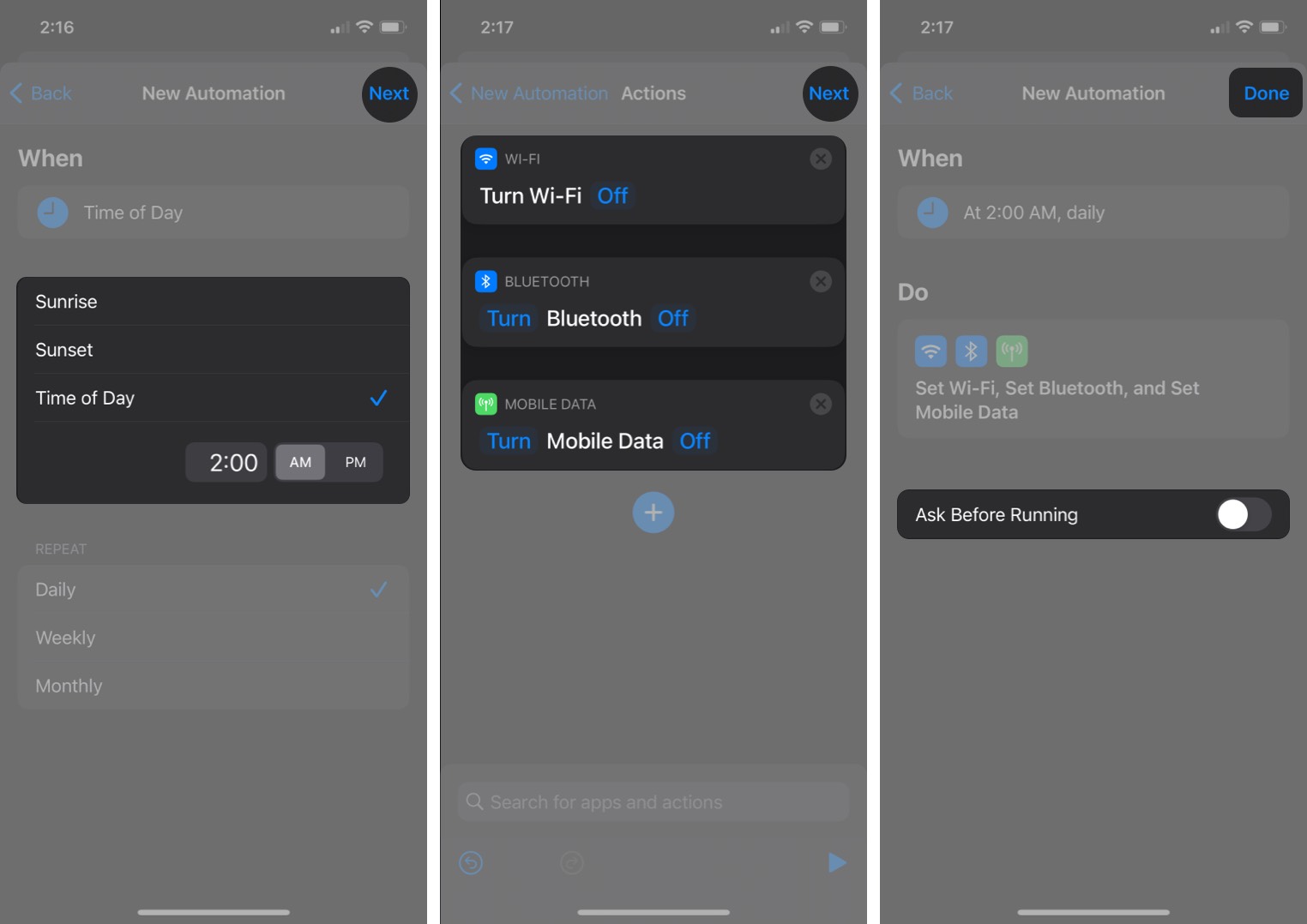 Настройте автоматизацию Siri на отключение Wi-Fi, Bluetooth и Мобильные данные ночью на iPhone
