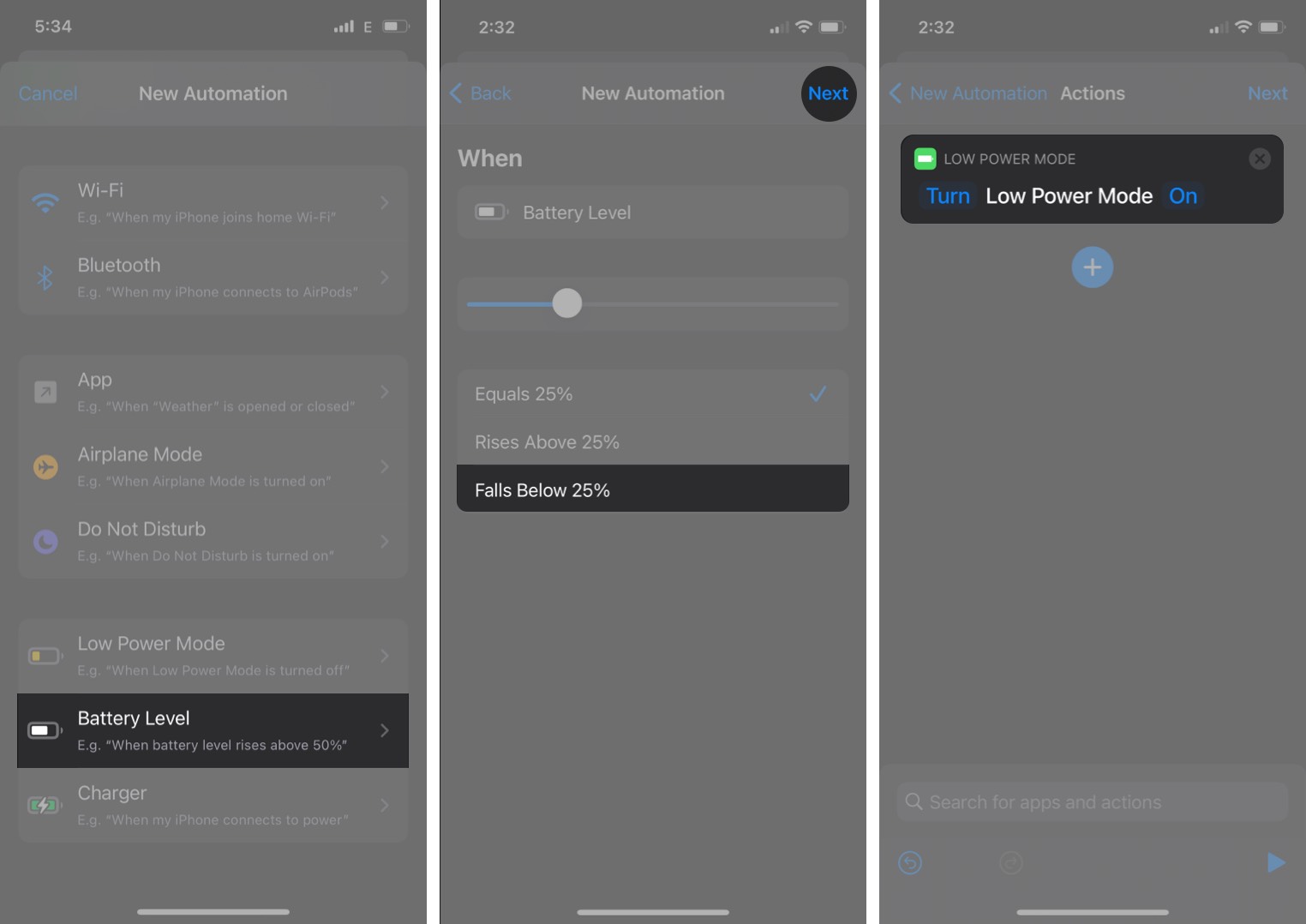 S et a Siri Automation, чтобы включить режим низкого энергопотребления