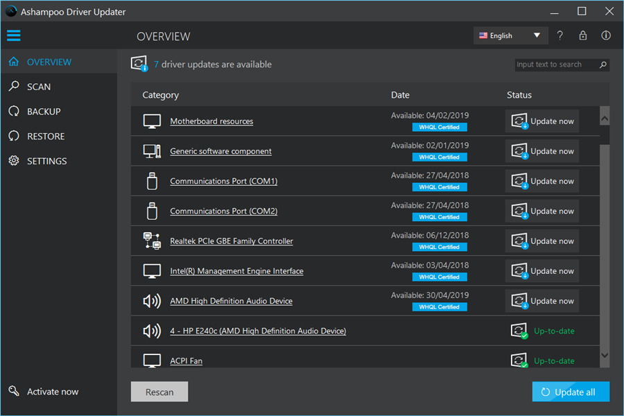 The interface of Ashampoo Driver Updater