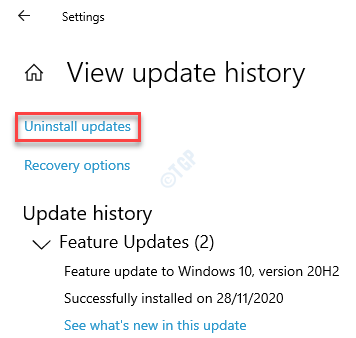 Settings Windows Update View Update History Uninstall Updates