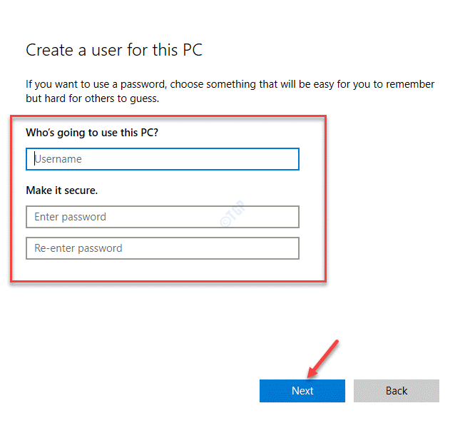 Create A New User For This Pc Username Password Next