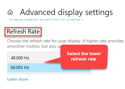 Advanced Display Settings Refresh Rate Seelect Lower Refresh Rate