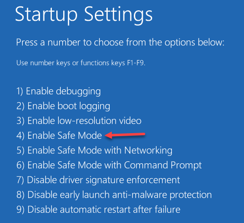 Startup Settings Enable Safe Mode 4 Key