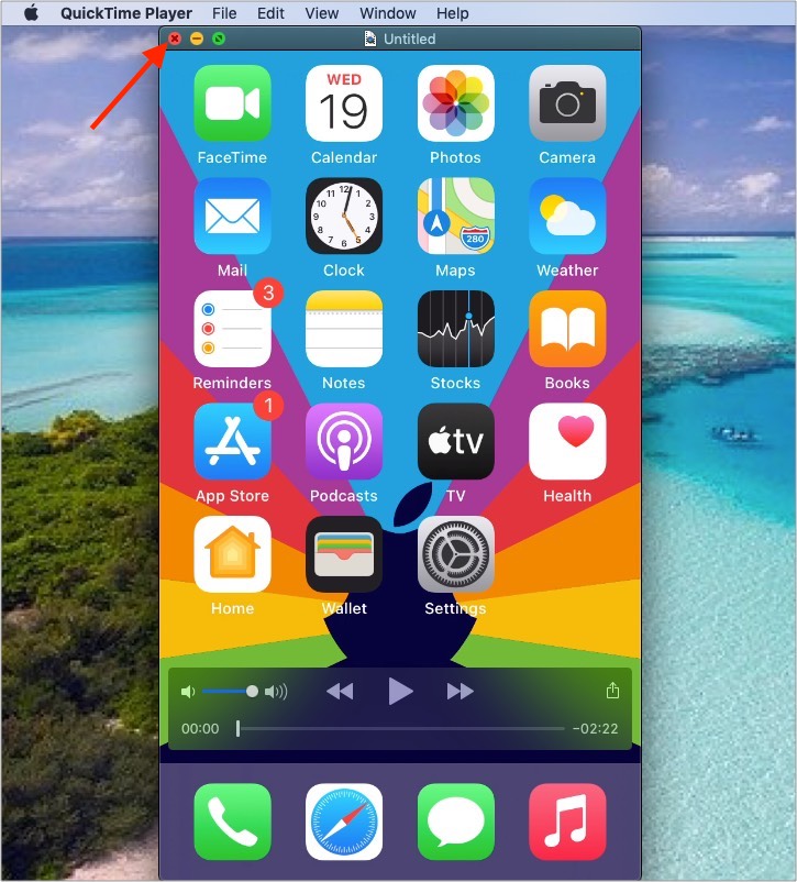 Click red cross button in top left of QuickTime
