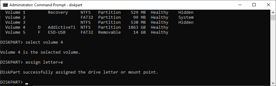 Windows показывает, как назначить букву тома с помощью diskpart
