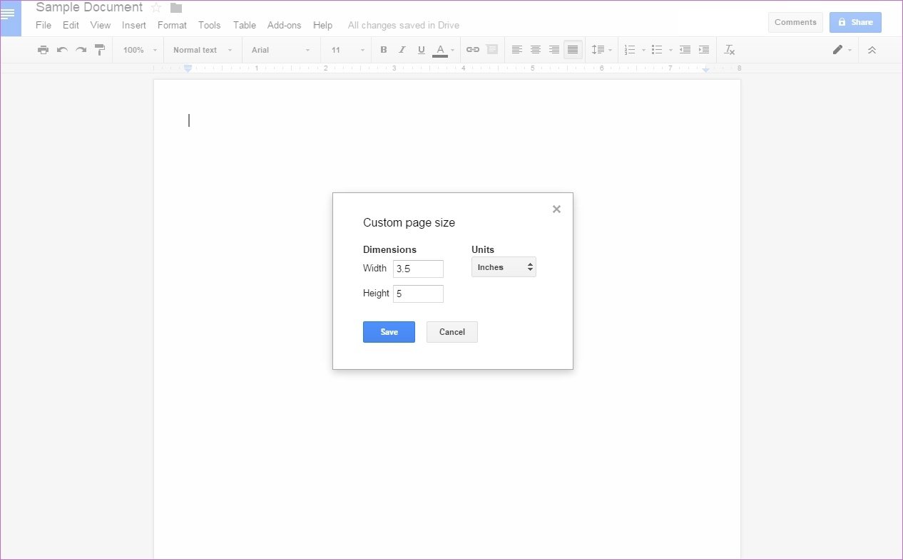 Добавление размера страницы для документов Google