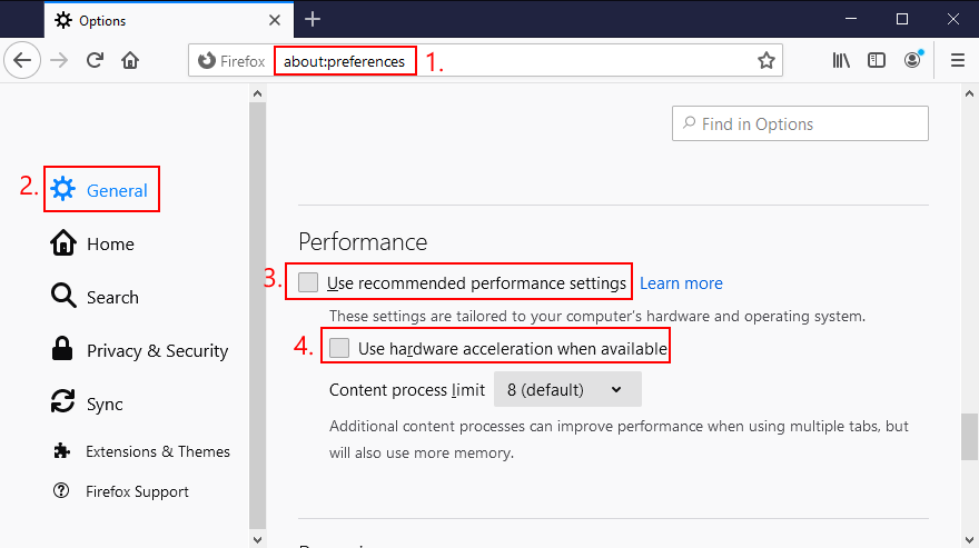 Mozilla Firefox shows how to toggle hardware acceleration