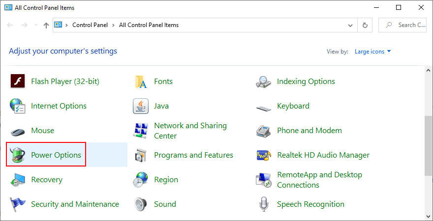 Windows shows how to access Power Options from Control Panel