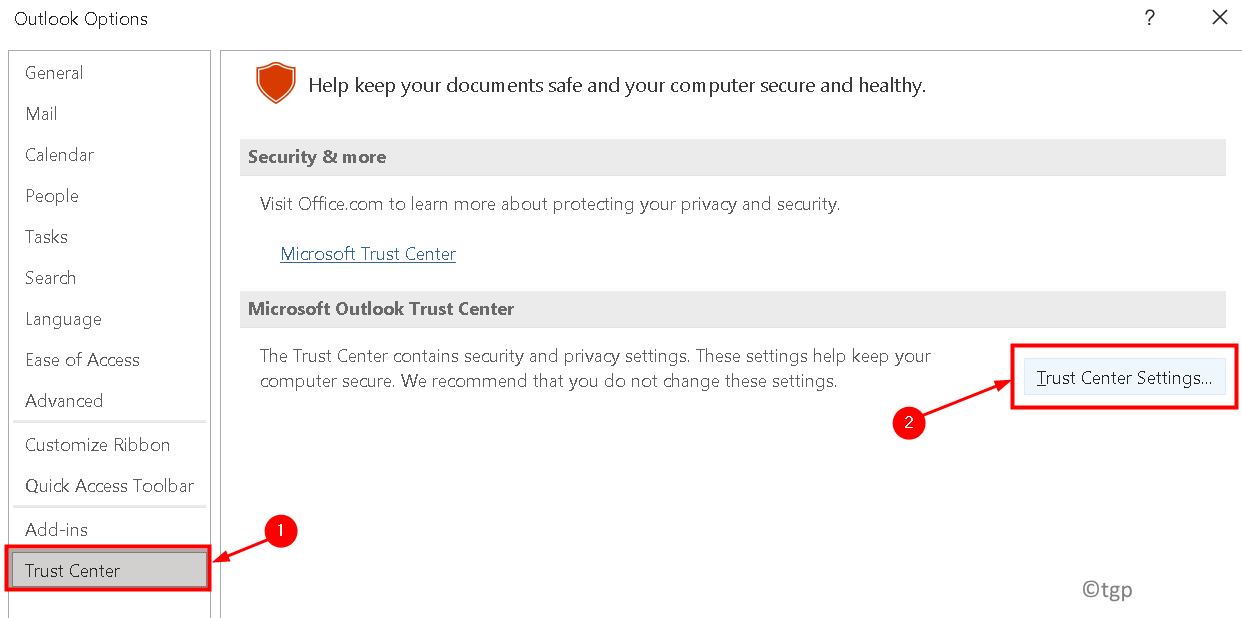 Trust option. Outlook отключен.