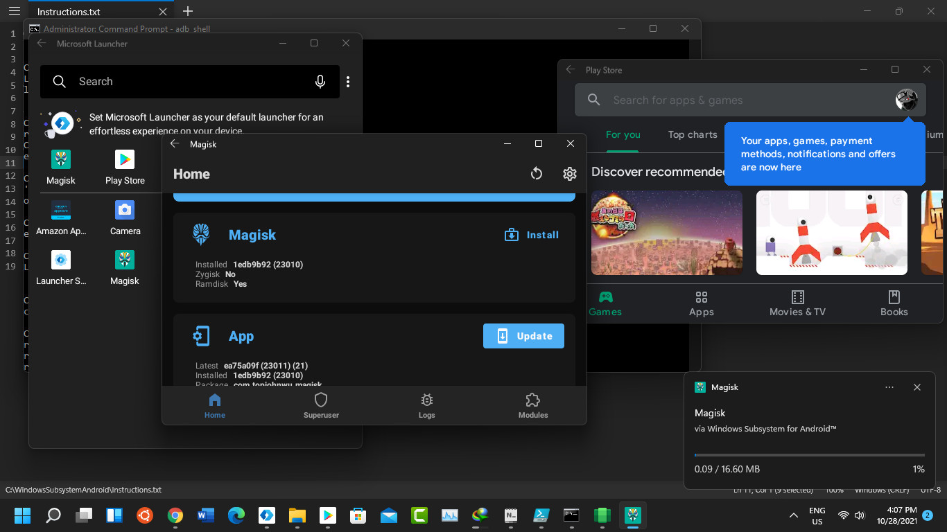 Launcher magisk. WSA Android. Windows Subsystem for Android (WSA). WSA-with-Magisk-Gapps-Pico_x64.zip.