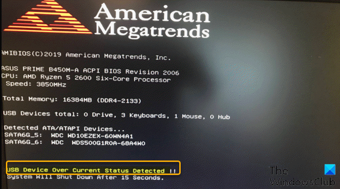 System will shutdown after 15 seconds. Ошибка USB device over current status detected. USB device over current status detected при включении компьютера. Over current have been detected on your USB device. Обнаружено превышение текущего состояния USB-устройства.