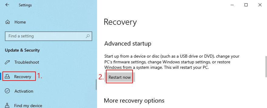 Windows 10 shows how to restart in Advanced Startup mode