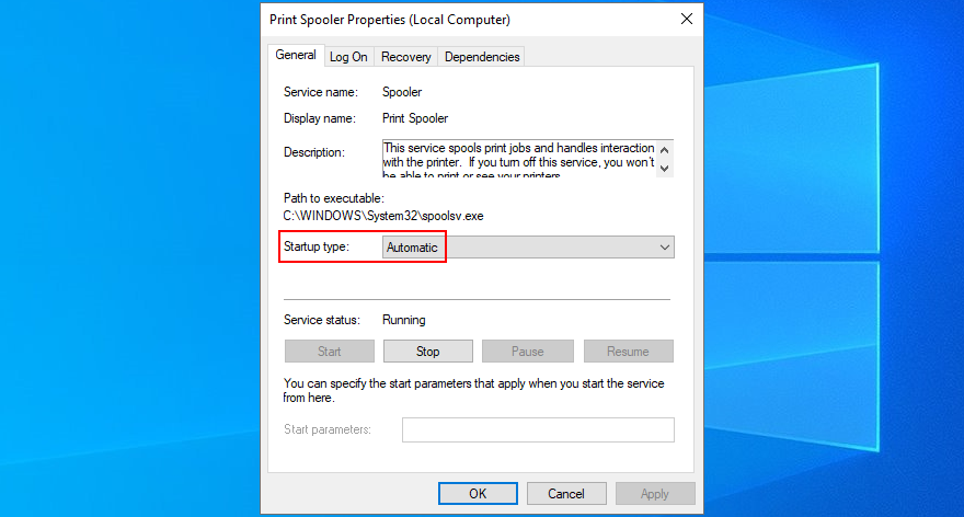 Windows 10 shows how to edit Print Spooler service properties