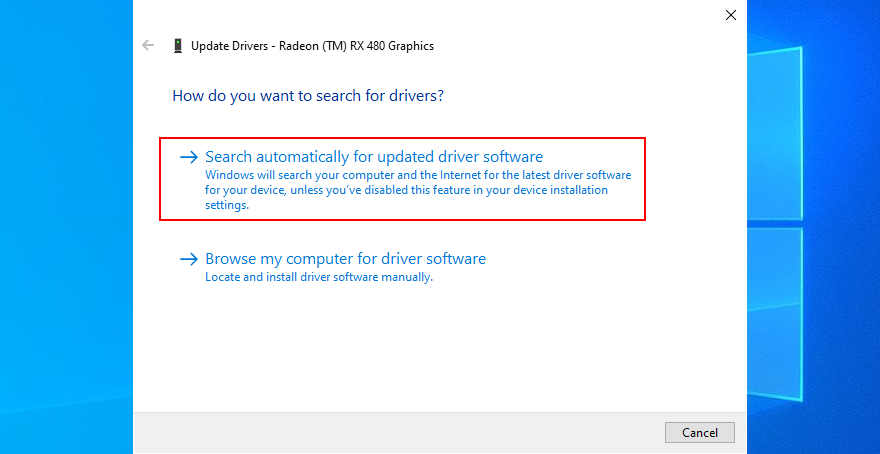 Windows 10 shows how to search automatically for updated driver software