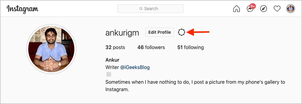 คลิกไอคอนรูปเฟืองถัดจากแก้ไขโปรไฟล์บนเว็บ Instagram