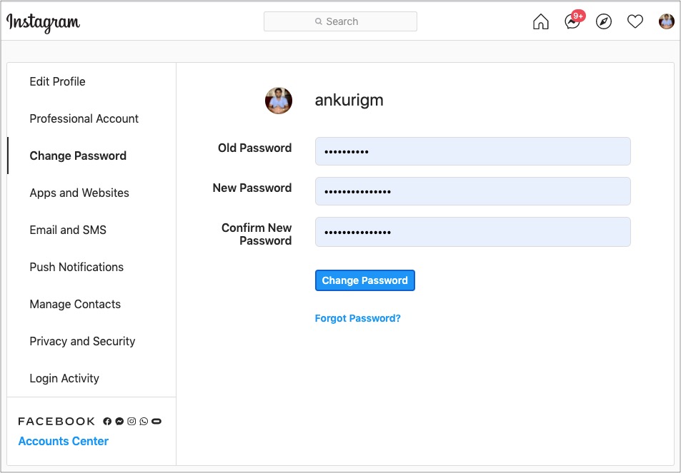 เปลี่ยนรหัสผ่าน Instagram โดยใช้คอมพิวเตอร์