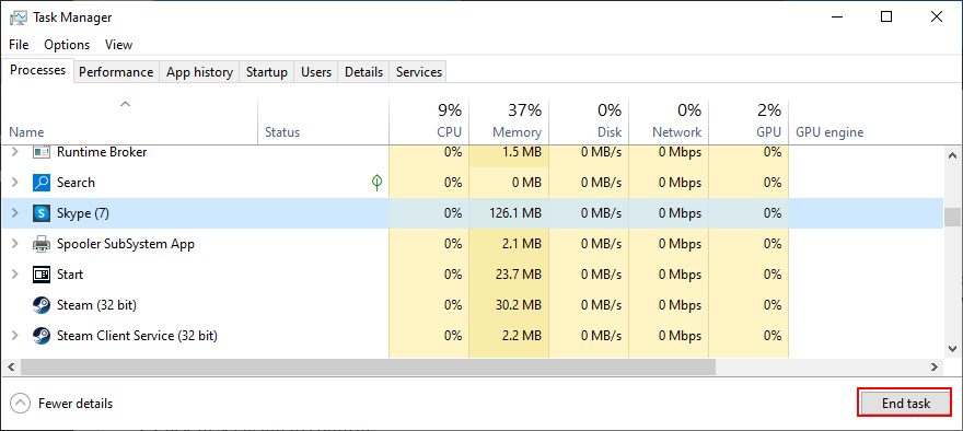 Task Manager shows how to end the Skype task