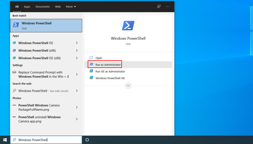 Windows 10 shows how to start PowerShell as admin