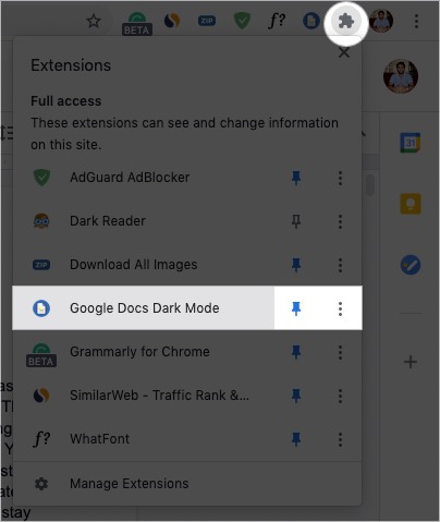 คลิกไอคอนส่วนขยายและคลิก Google Docs Dark Mode