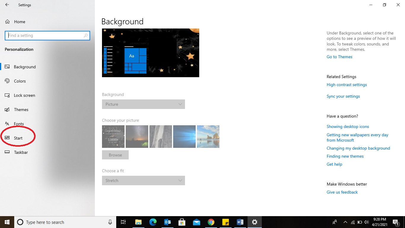 เมนูเริ่มของ Windows 10