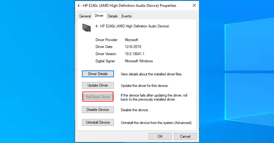 The Roll back driver option is disabled for an audio device in Windows