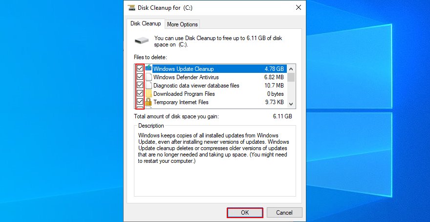 Windows 10 shows how to select files for Disk Cleanup