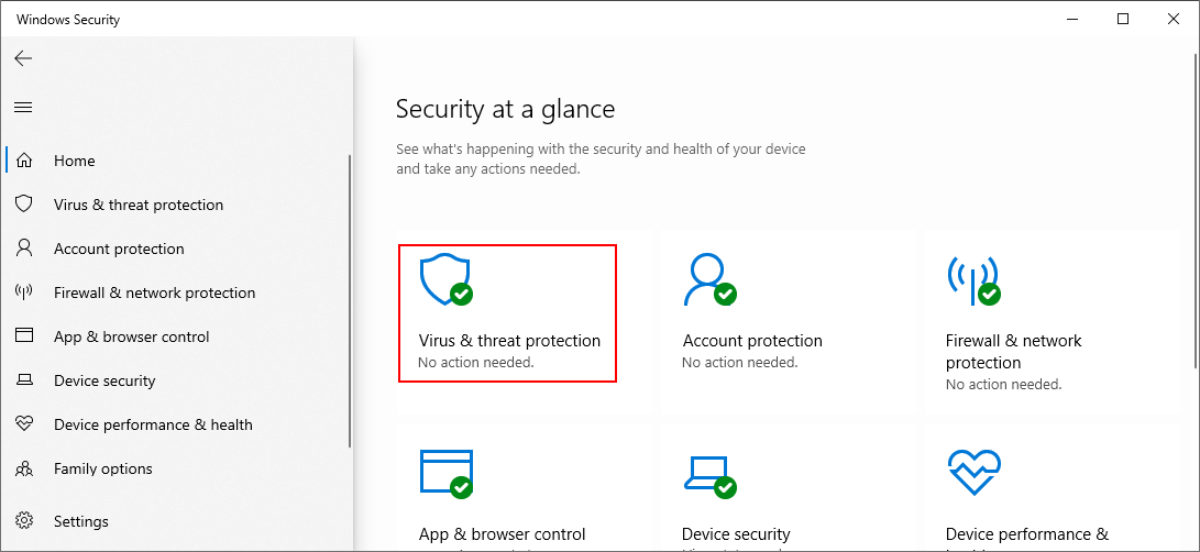 Windows 10 shows how to select Virus and Threat Protection