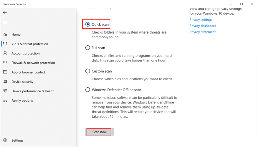 Windows 10 shows how to run a Quick Scan using Windows Defender