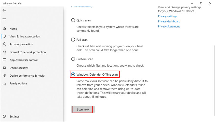 Windows 10 shows how to perform a Windows Defender offline scan