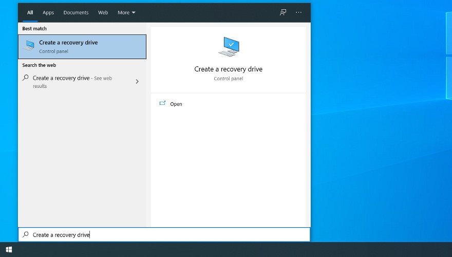 Windows 10 shows how to create a recovery drive from the Start menu