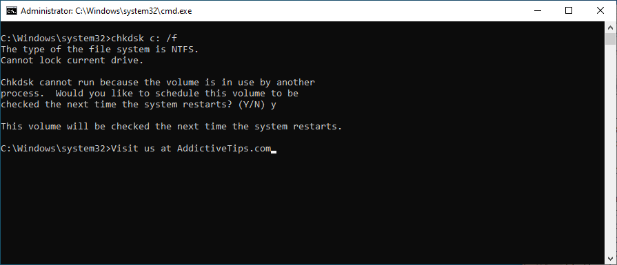 Command Prompt shows how to run chkdsk c f