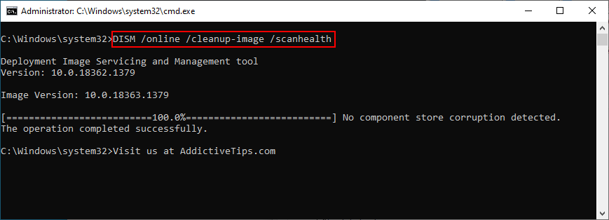 Windows 10 shows how to run DISM/online/cleanup-image/scanhealth in CMD