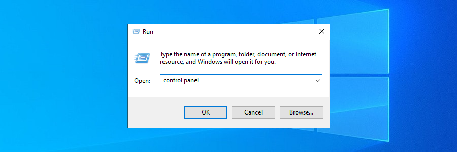 Windows 10 shows how to access Control Panel using the Run tool