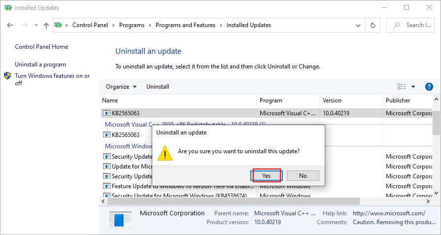 Windows 10 shows how to confirm Windows updates removal