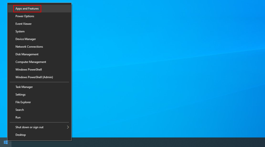 Windows 10 shows how to access Apps and Features from the Start right-click menu