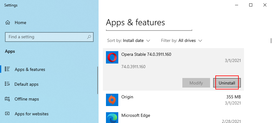 Windows 10 shows how to uninstall a program